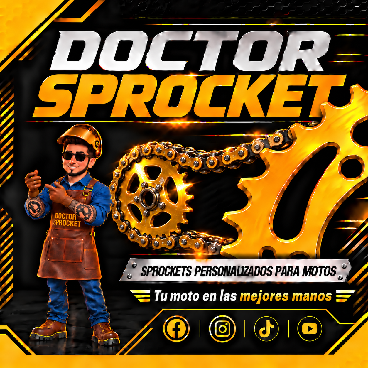 Doctor Sprocket, nuestro personaje oficial, con el sprocket girando en la mano. Sprockets personalizados para motos: tu moto en las mejores manos.